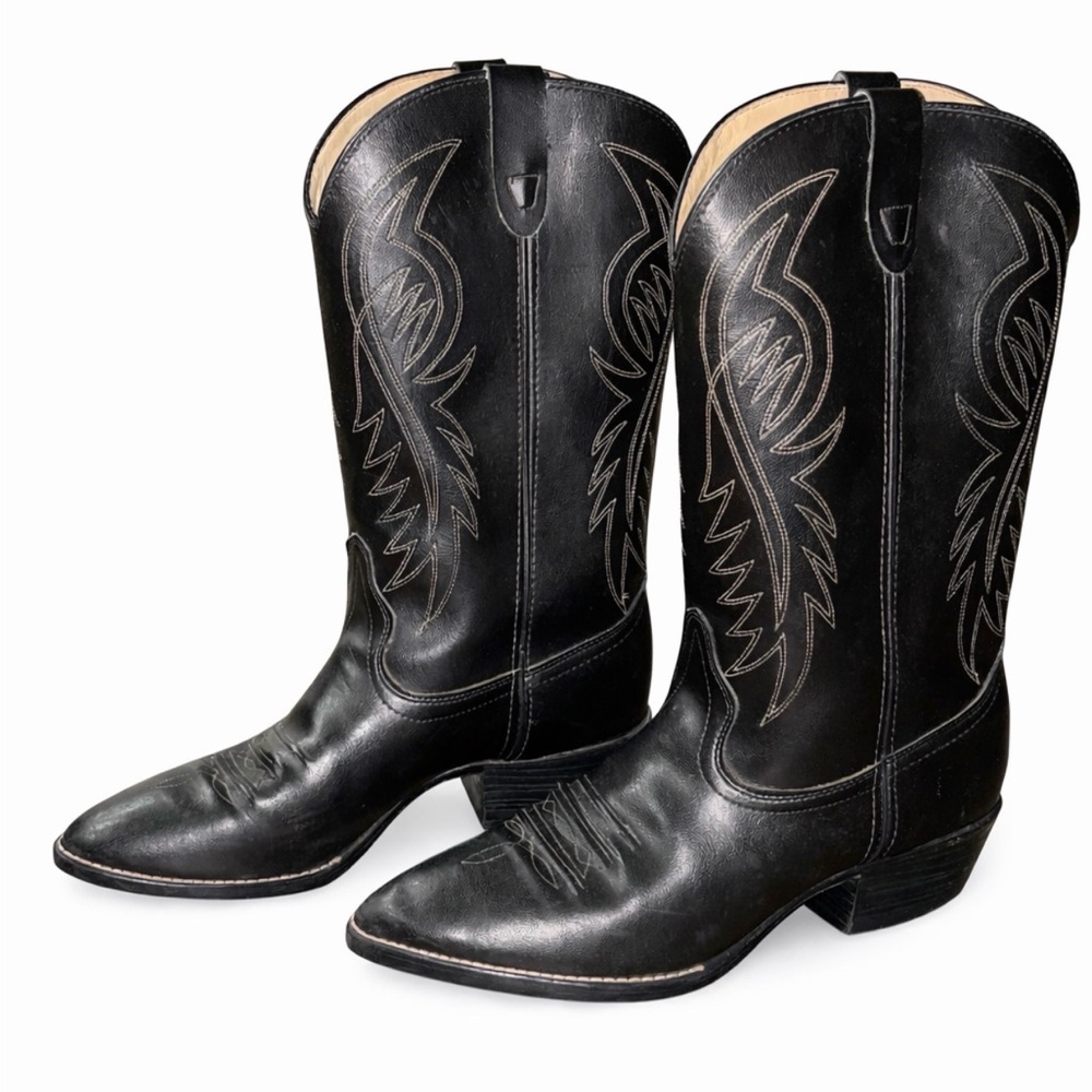 Bronco Black Leather Cowboy Boots